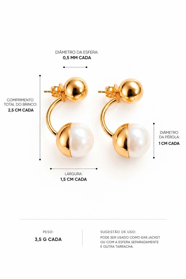 Brinco Semijoia Essenza Ear Jacket Esfera e Pérola Dourado
