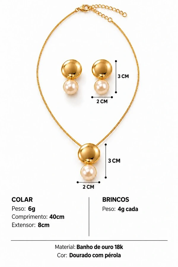 Conjunto Semijoia Essenza Pérola e Chapa Dourado