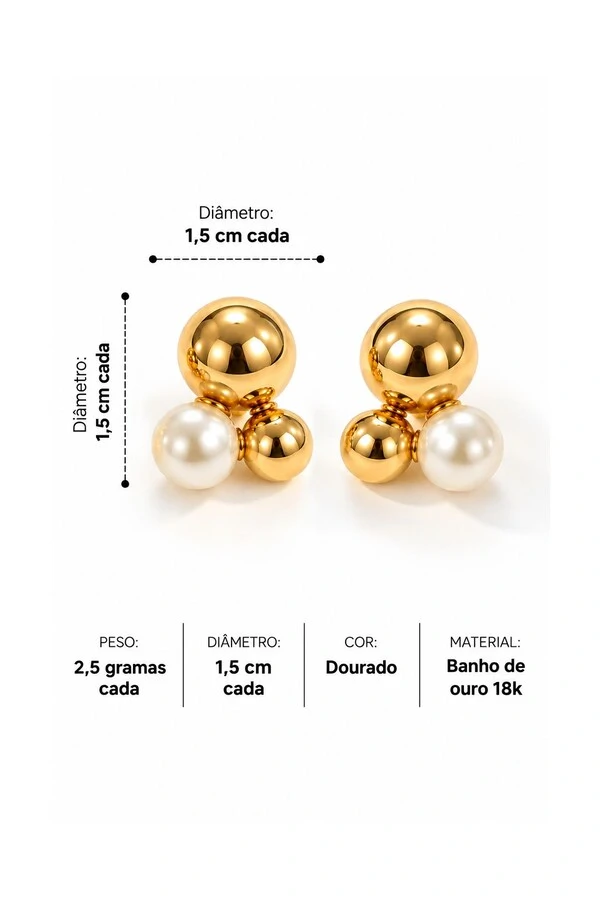 Brinco Semijoia Essenza Esfera e Pérola Dourado