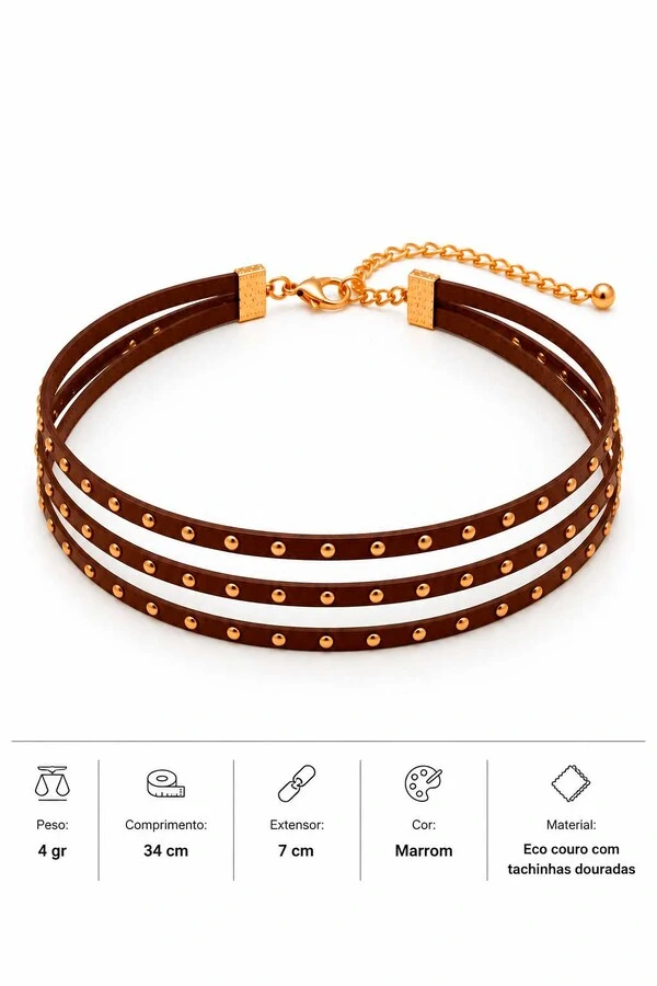 Gargantilha Choker Eco Couro Tachinhas Dourado