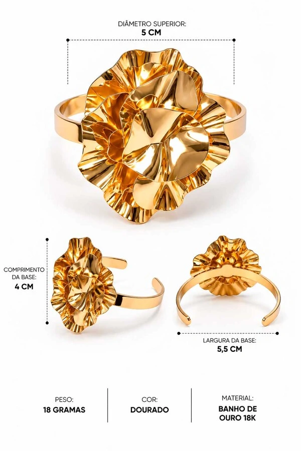 Bracelete Semijoia Essenza Flor Orgânica Dourado