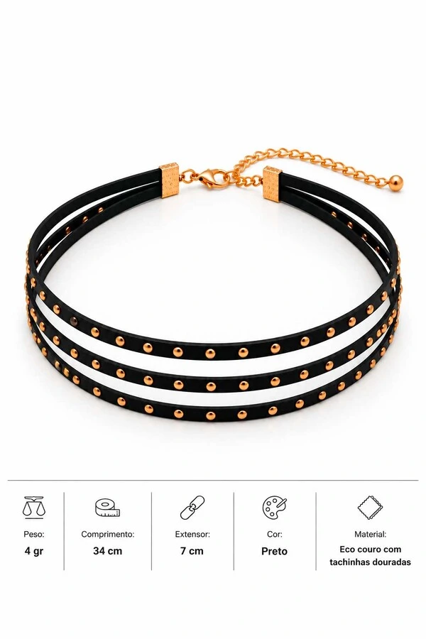 Gargantilha Choker Eco Couro Tachinhas Dourado