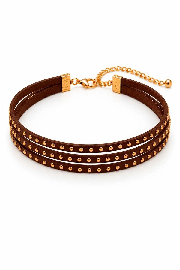 Gargantilha Choker Eco Couro Tachinhas Dourado