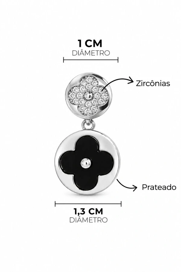 Brinco Trevo Liso Cravejado Zircônias Dourada e Prata Feminino