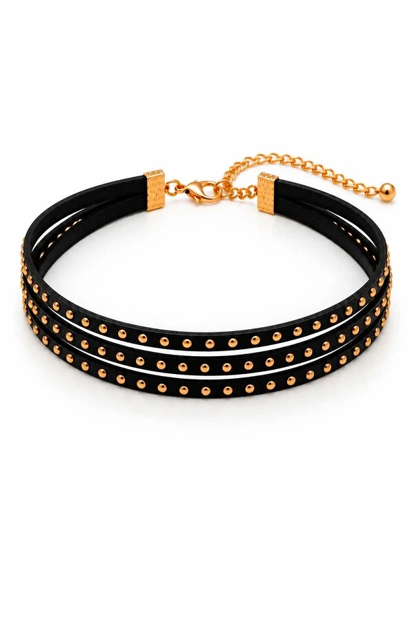 Gargantilha Choker Eco Couro Tachinhas Dourado
