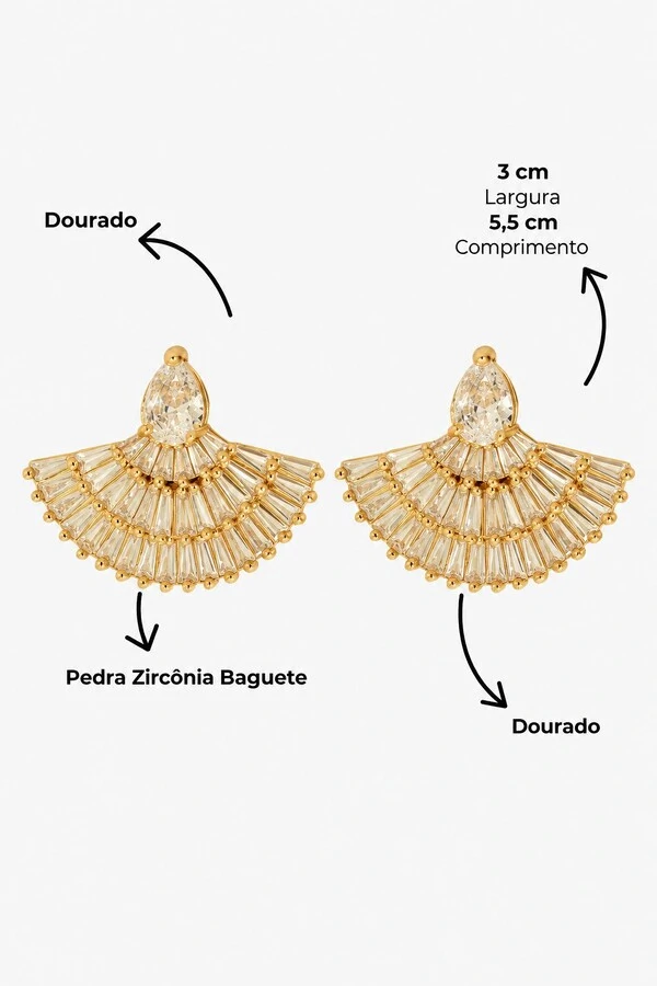 Brinco Semijoia Leque Baguete e Gota Pri Acessórios