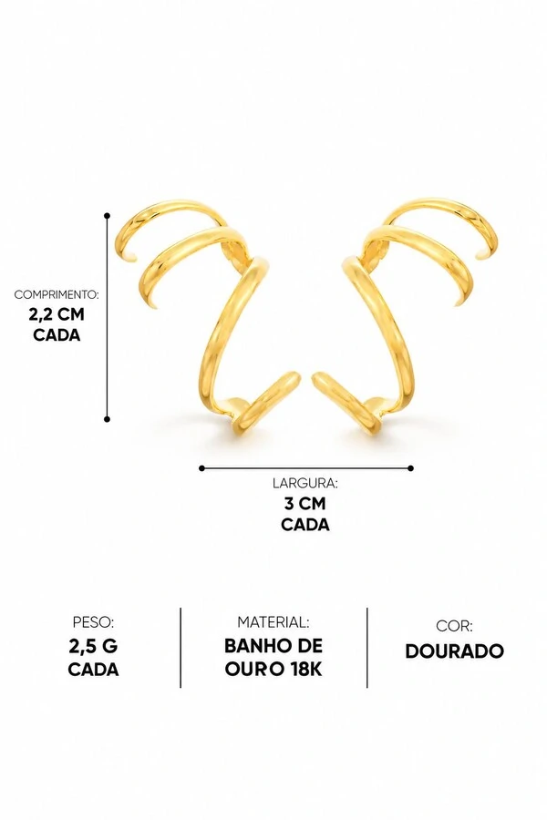 Brinco Semijoia Ear Cuff Quatro Vias Serenity Dourado