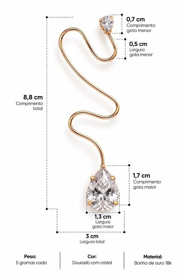 Brinco Semijoia Essenza Orgânico Gota Longo Dourado