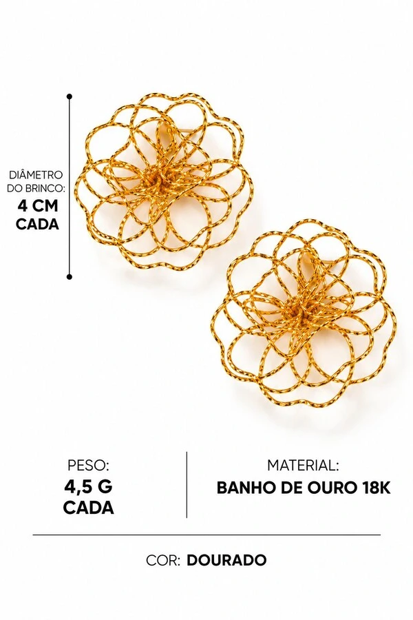 Brinco Semijoia Essenza Flor Trabalhado Vazado Médio Dourado