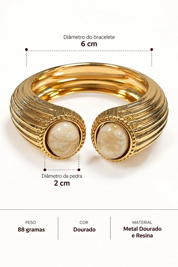 Bracelete Maxi Semi-Aberto Texturizado e Pedra Oval Dourado