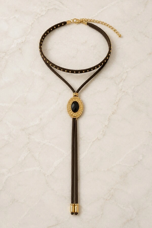 Colar Choker Duplo Eco-Couro Oval Dourado