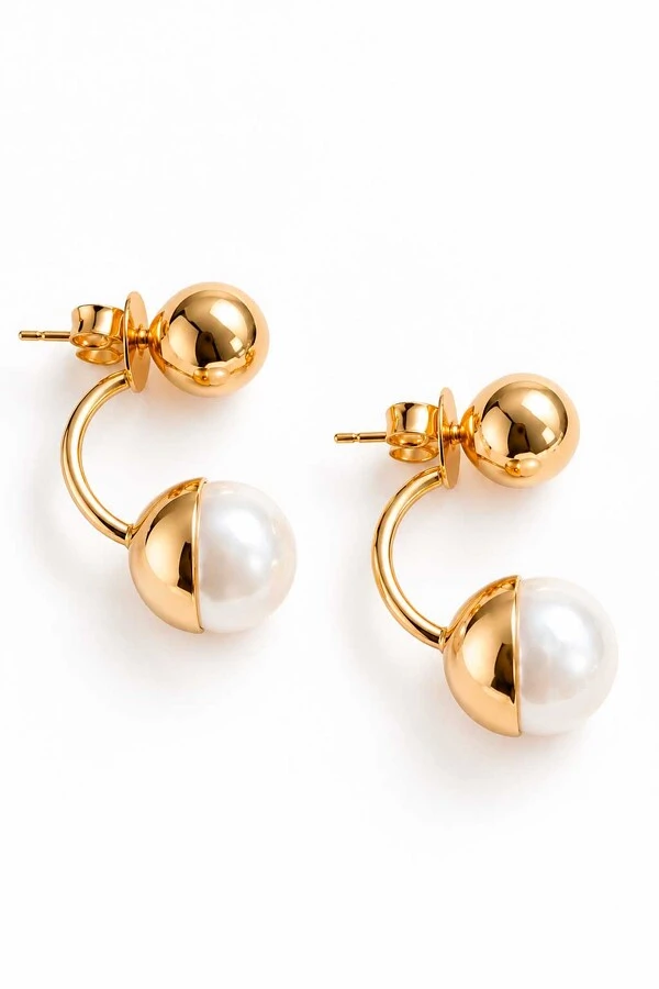 Brinco Semijoia Essenza Ear Jacket Esfera e Pérola Dourado