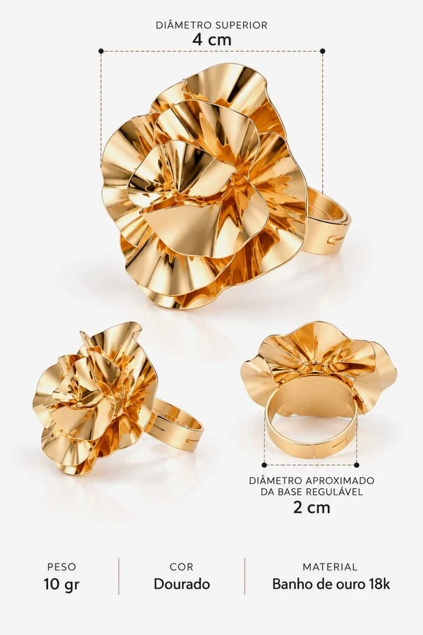 Anel Semijoia Essenza Regulável Flor Orgânica Dourado