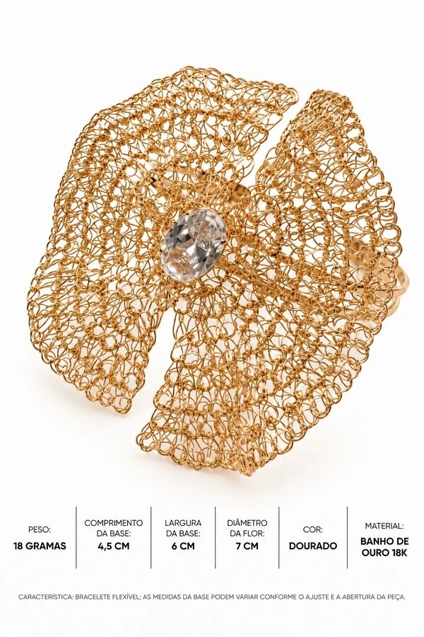 Bracelete Semijoia Essenza Flor Artesanal Dourado
