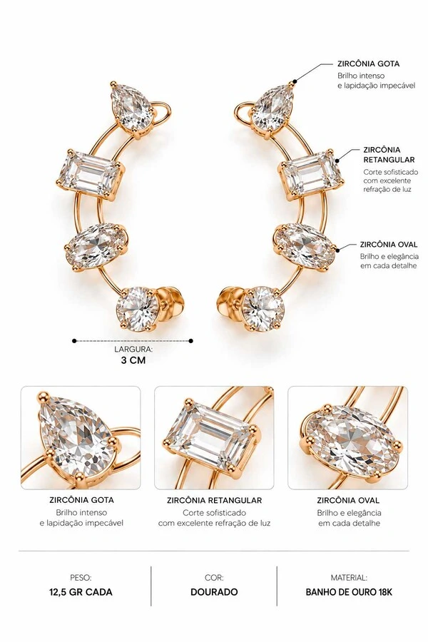 Brinco Semijoia Essenza Ear Cuff Multiformas Dourado