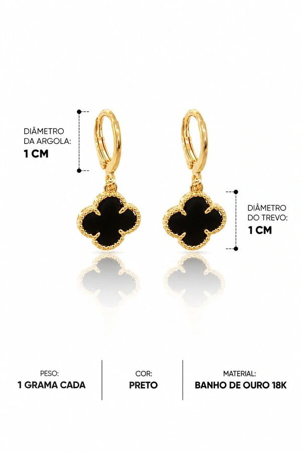 Brinco Semijoia Argola Trevo Preto Dourado Pri Acessórios