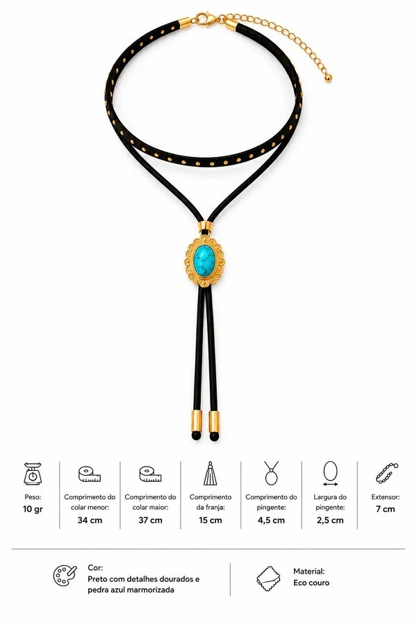 Colar Choker Duplo Eco-Couro Oval Dourado