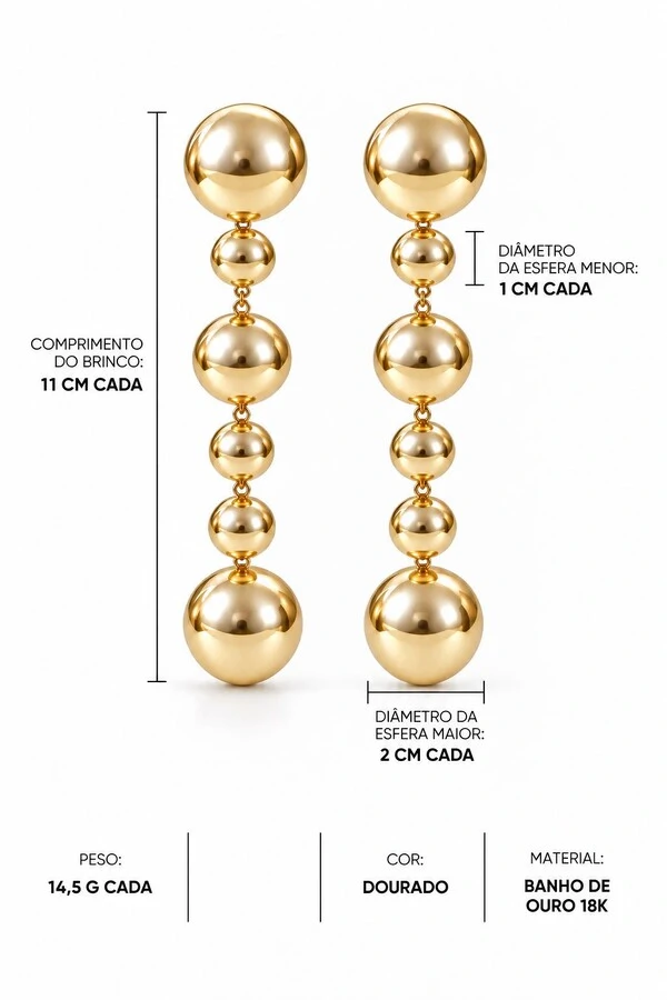 Brinco Semijoia Essenza Esferas Longo Dourado