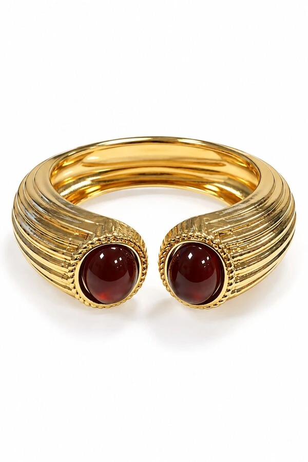 Bracelete Maxi Semi-Aberto Texturizado e Pedra Oval Dourado