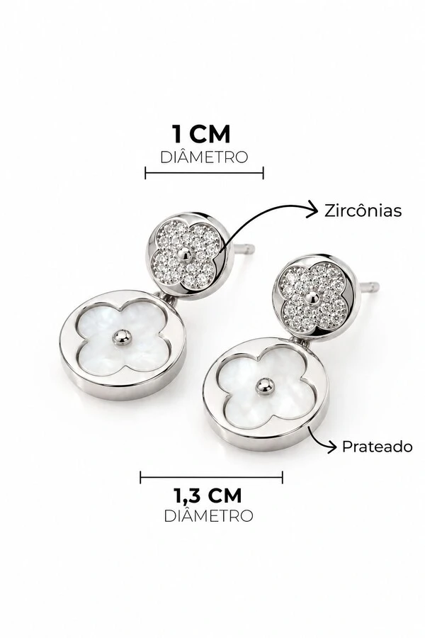 Brinco Trevo Liso Cravejado Zircônias Dourada e Prata Feminino