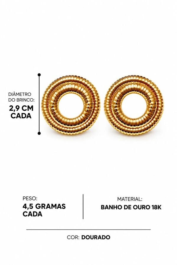 Brinco Semijoia Essenza Redondo Vazado Aramado Dourado