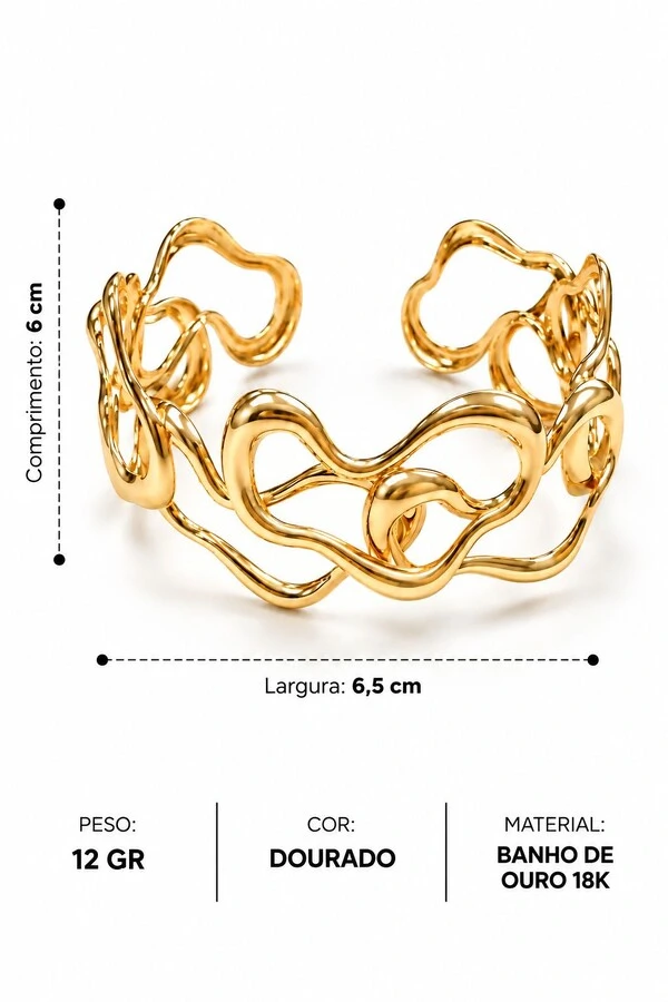 Bracelete Semijoia Essenza Orgânico Vazado Dourado