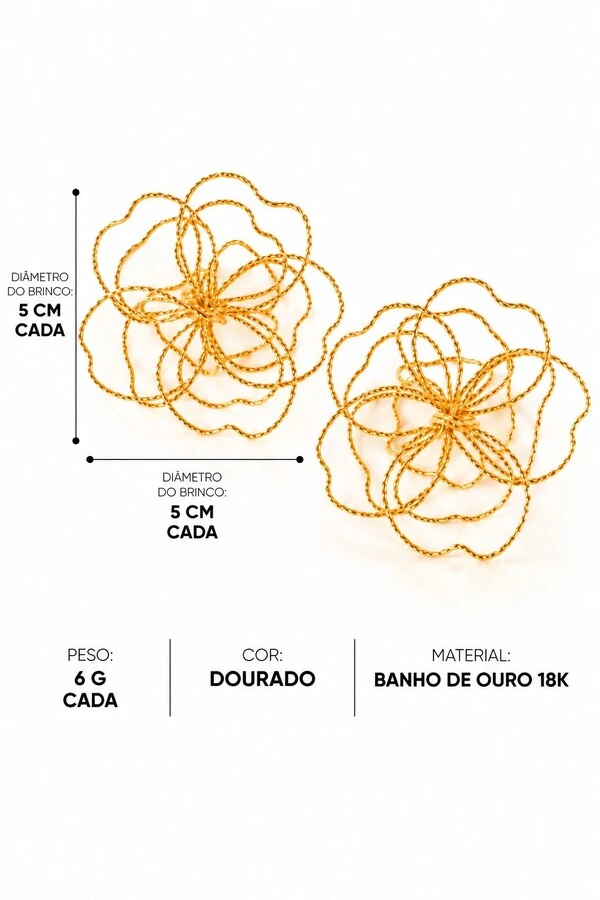 Brinco Semijoia Essenza Flor Trabalhado Vazado Grande Dourado