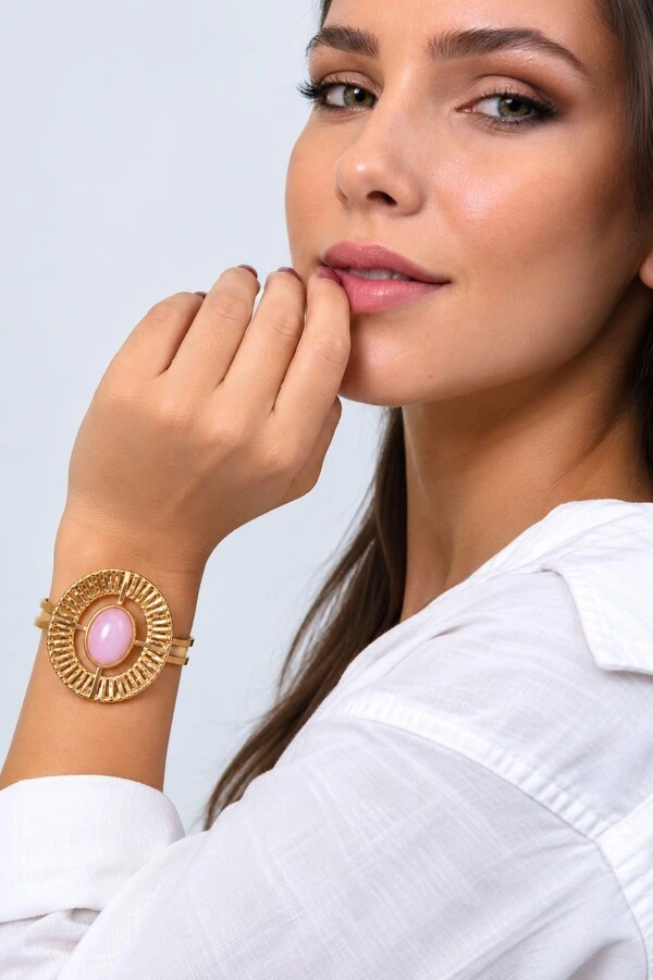 Bracelete Semijoia Essenza Aramado e Pedra Oval Dourado