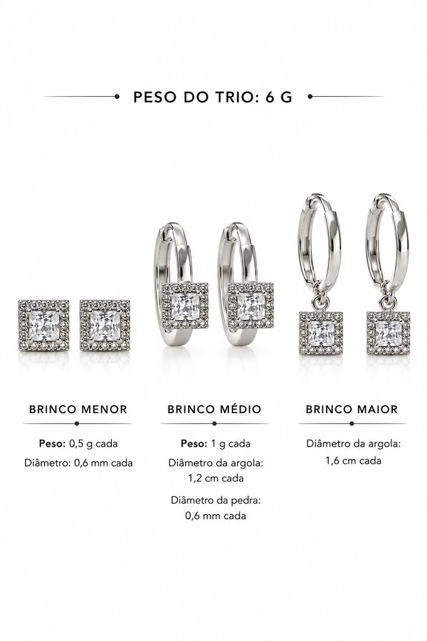 Brinco Semijoia Trio Quadrado Cravejado Pri Acessórios