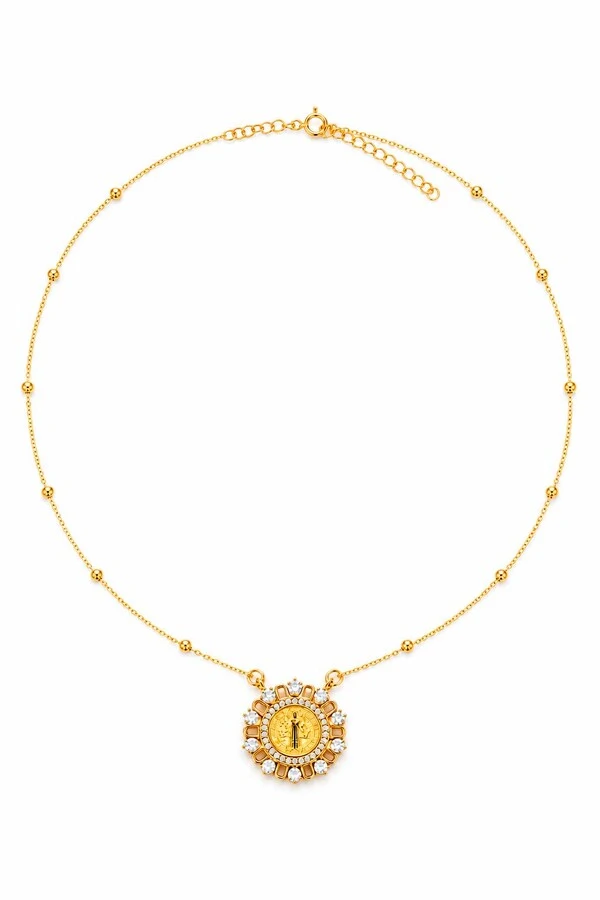 Colar Semijoia Medalha São Bento Cravejado Dourado