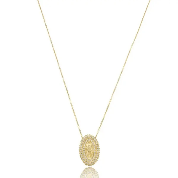 Colar Medalha Oval N. Sra das Graças Cravejada Ouro
