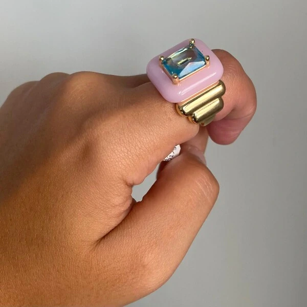 Anel Fancy Retangular Rosa Bebê