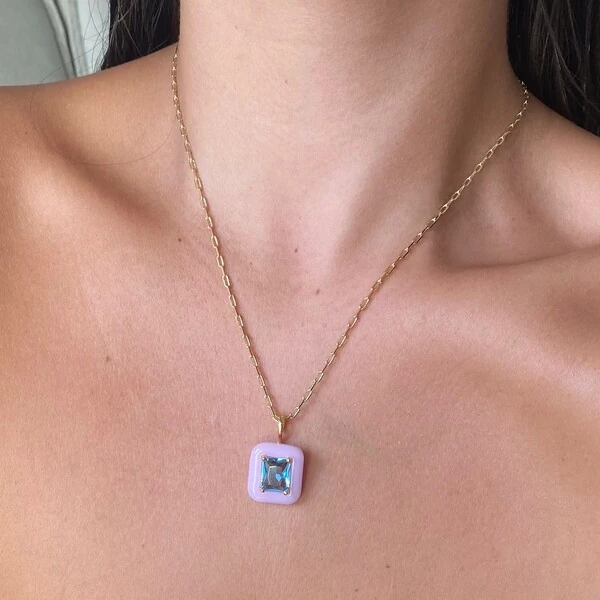 Colar Fancy Retangular Rosa Bebê