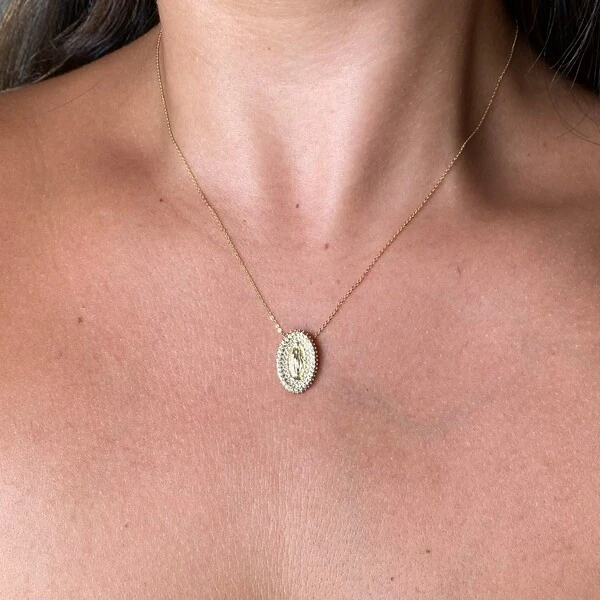 Colar Medalha Oval N. Sra das Graças Cravejada Ouro