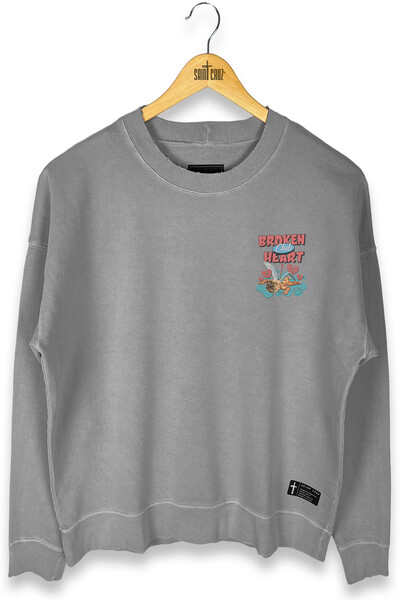 Foto Blusa oversized de moletom estonado cinza Broken Heart (Front)
