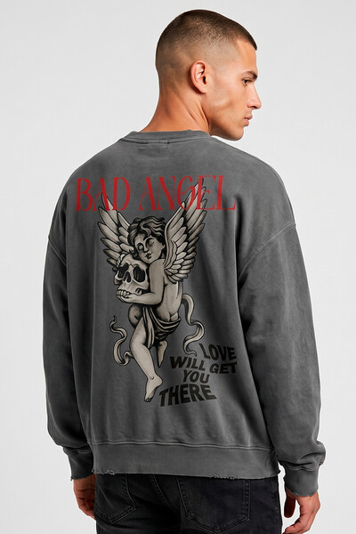 Foto Blusa oversized de moletom estonado chumbo Bad Angel
