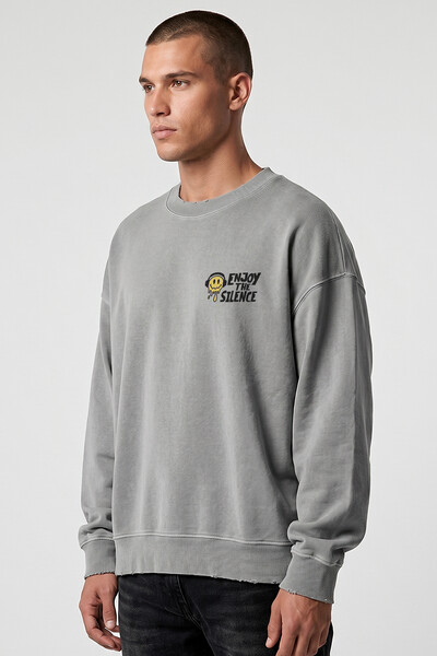 Foto Blusa oversized de moletom estonado cinza Enjoy The Silence Front