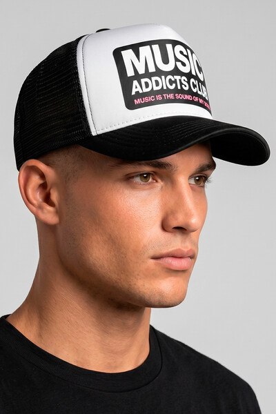 Foto Boné trucker retrô branco e preto Music Club