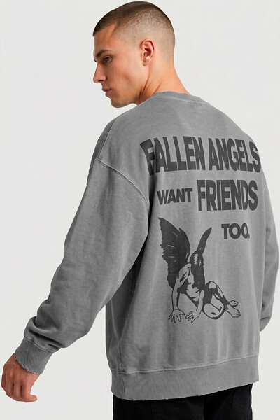 Foto Blusa oversized de moletom estonado cinza Fallen Angels