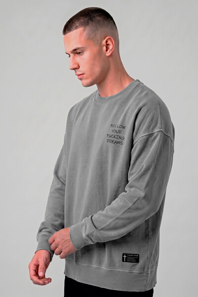 Foto Blusa oversized de moletom estonado cinza Dreams Front