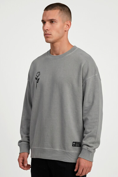 Foto Blusa oversized de moletom estonado cinza Rose Front