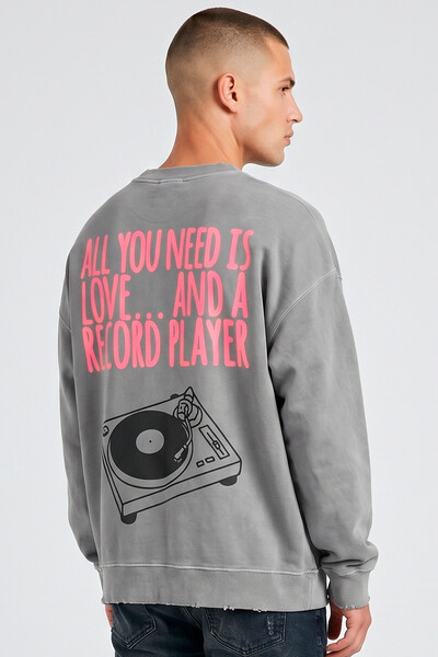 Foto Blusa oversized de moletom estonado cinza Record Player
