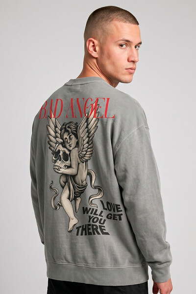 Foto Blusa oversized de moletom estonado cinza Bad Angel