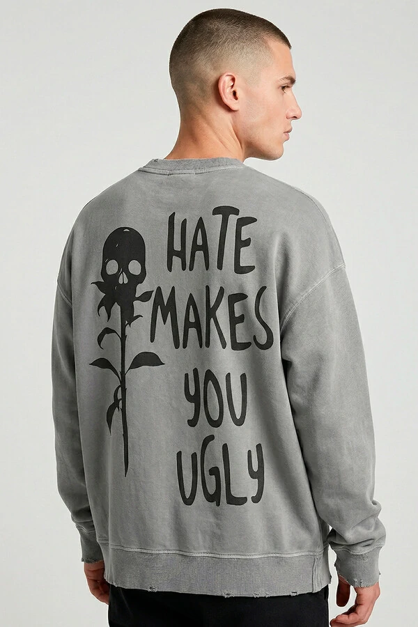Blusa oversized de moletom estonado cinza Hate