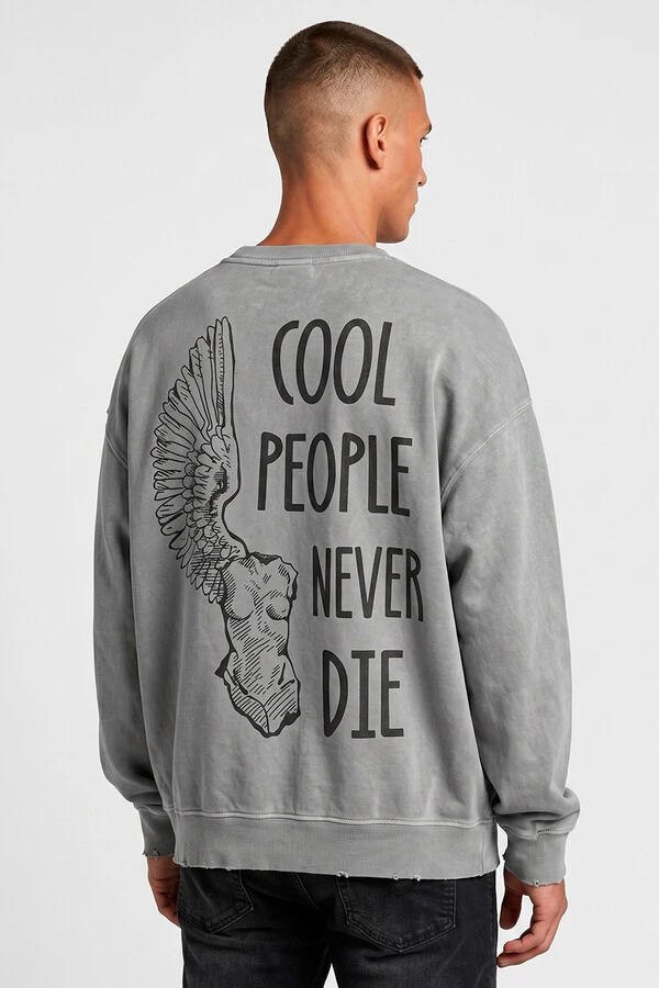 Blusa oversized de moletom estonado cinza Never Die