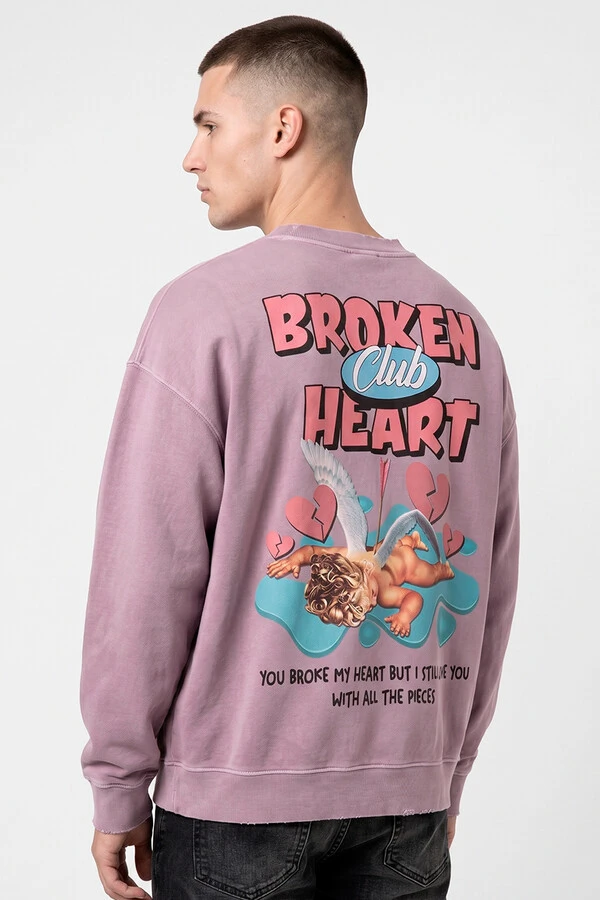 Blusa oversized de moletom estonado lilás Broken Heart