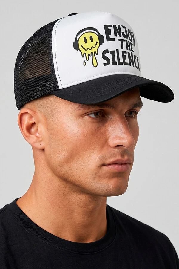 Boné trucker retrô branco e preto Enjoy The Silence