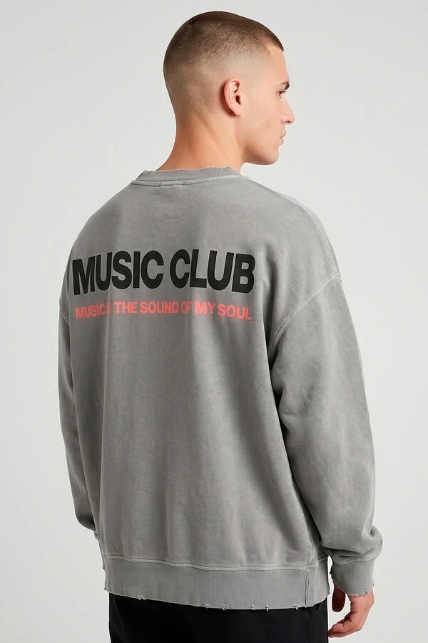 Blusa oversized de moletom estonado cinza Music Club