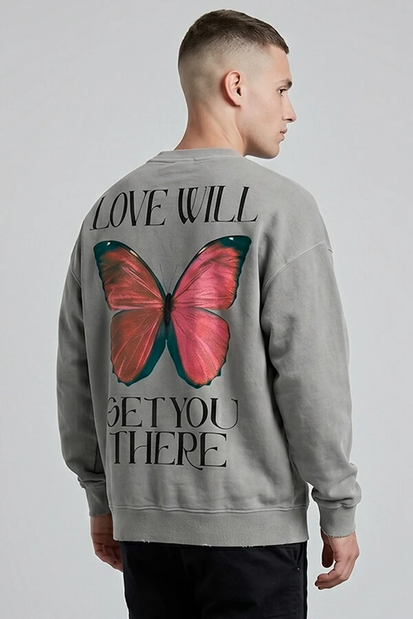 Blusa oversized de moletom estonado cinza Red Butterfly