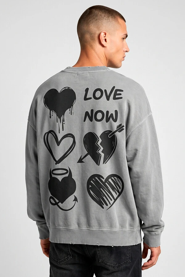 Blusa oversized de moletom estonado cinza Love Now